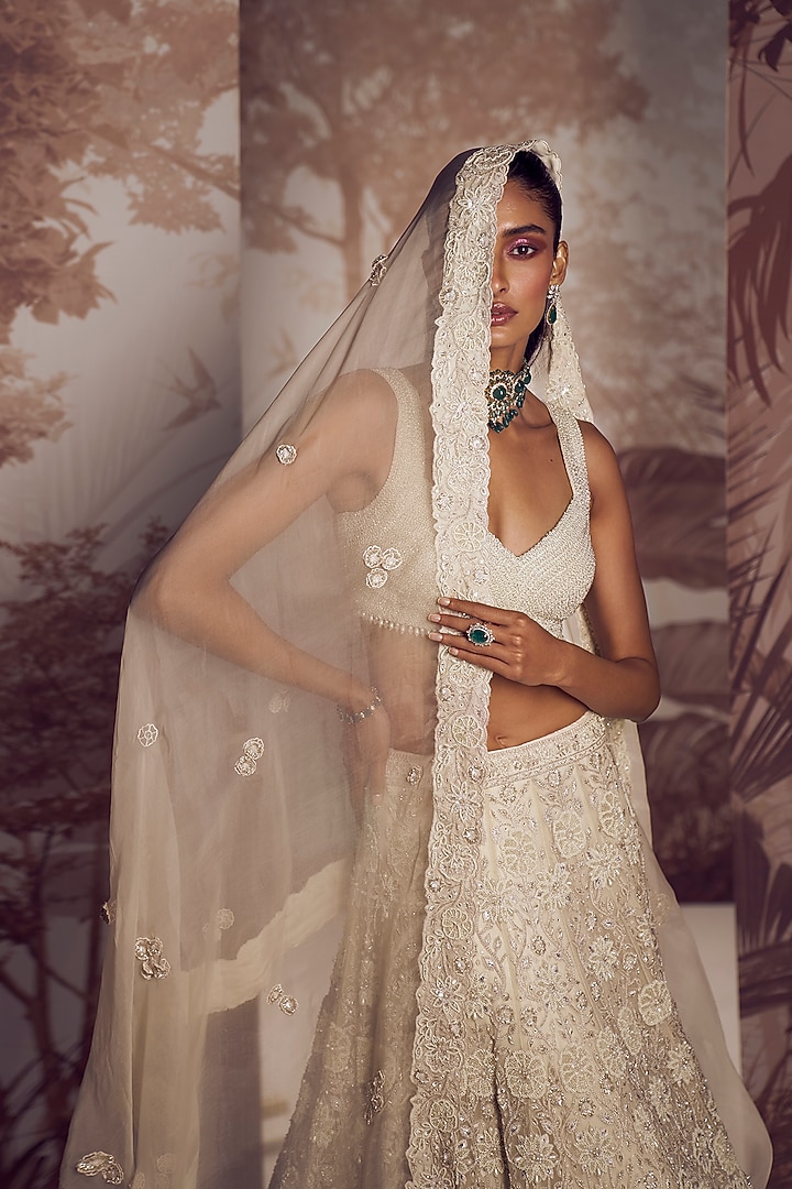 Ivory Net Hand Embroidered Bridal Lehenga Set by Sana Barreja at Pernia's Pop Up Shop