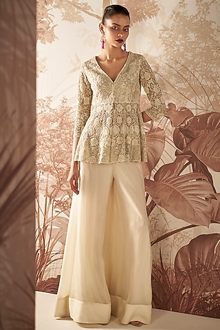 Ivory Organza Sharara Set by Sana Barreja
