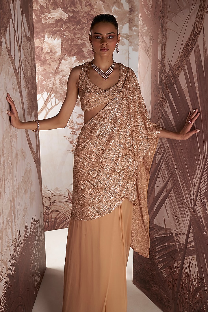 Champagne Georgette Hand Embroidered Pre-Stitched Reception Saree Set by Sana Barreja at Pernia's Pop Up Shop