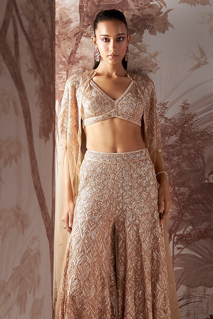 Champagne Net Hand Embroidered Bridal Sharara Set by Sana Barreja at Pernia's Pop Up Shop