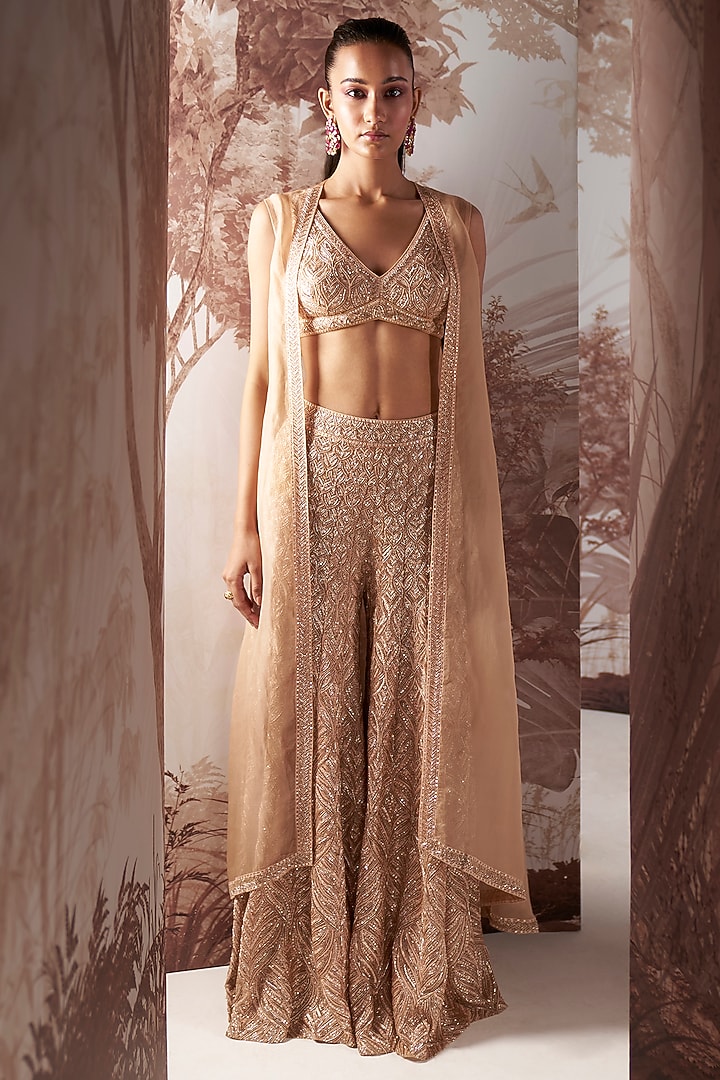 Champagne Net Hand Embroidered Bridal Sharara Set by Sana Barreja at Pernia's Pop Up Shop
