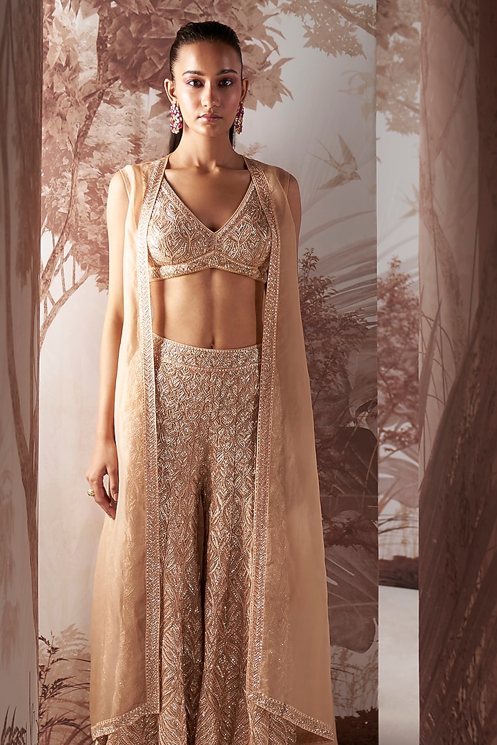 Champagne Net Hand Embroidered Bridal Sharara Set by Sana Barreja at Pernia's Pop Up Shop