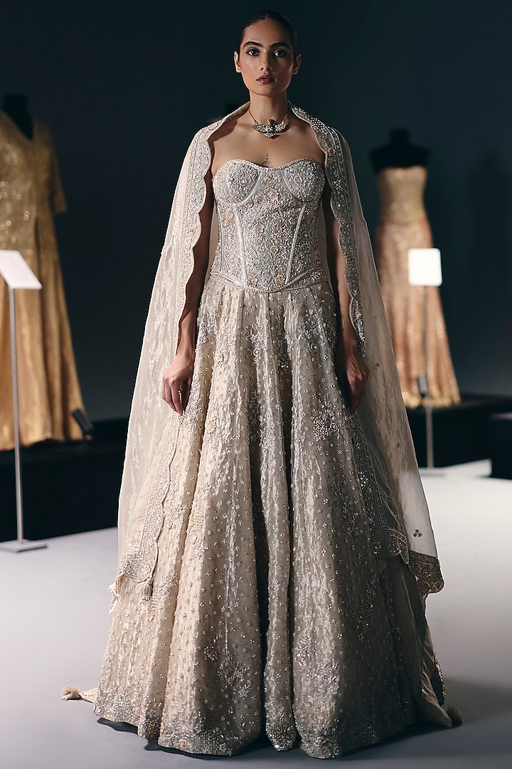 Ivory Pure Silk Tissue Organza Bridal Lehenga Set by Sana Barreja at Pernia's Pop Up Shop
