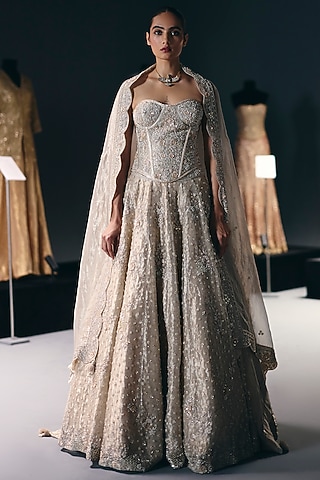 Ivory Pure Silk Tissue Organza Lehenga Set by Sana Barreja