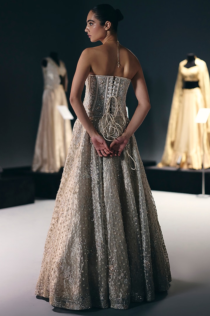 Ivory Pure Silk Tissue Organza Bridal Lehenga Set by Sana Barreja at Pernia's Pop Up Shop