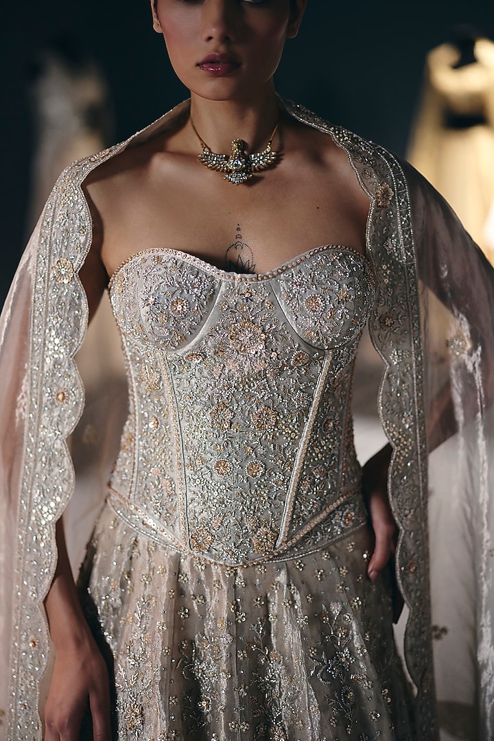Ivory Pure Silk Tissue Organza Bridal Lehenga Set by Sana Barreja at Pernia's Pop Up Shop