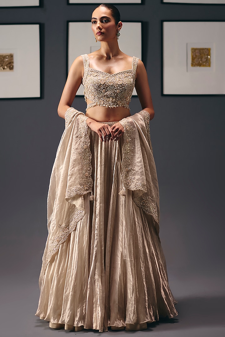 Ivory Pure Silk Tissue Organza Wedding Lehenga Set by Sana Barreja at Pernia's Pop Up Shop