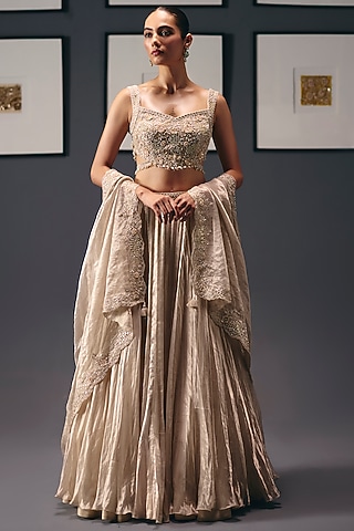 Ivory Pure Silk Tissue Organza Lehenga Set by Sana Barreja