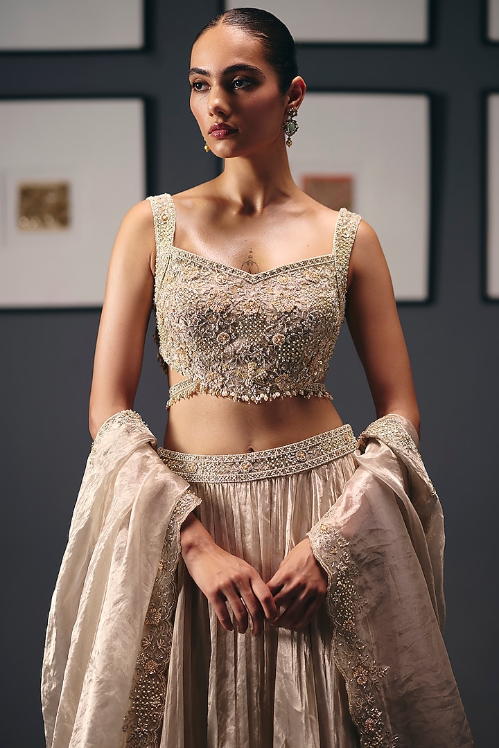Ivory Pure Silk Tissue Organza Wedding Lehenga Set by Sana Barreja at Pernia's Pop Up Shop