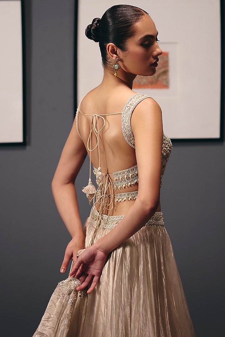 Ivory Pure Silk Tissue Organza Wedding Lehenga Set by Sana Barreja at Pernia's Pop Up Shop