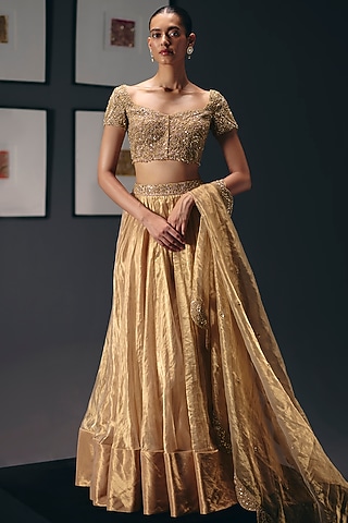 Golden Pure Zari Tissue Organza Lehenga Set by Sana Barreja