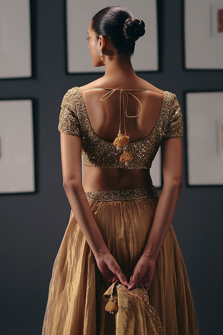 Golden Pure Zari Tissue Organza Wedding Lehenga Set by Sana Barreja at Pernia's Pop Up Shop