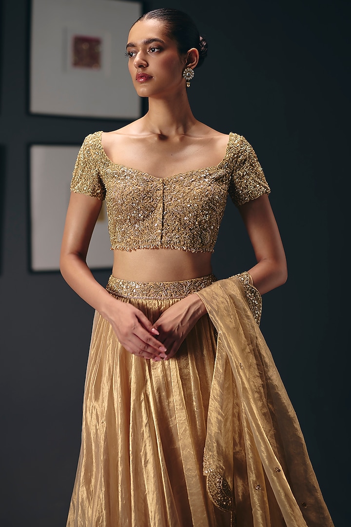 Golden Pure Zari Tissue Organza Wedding Lehenga Set by Sana Barreja at Pernia's Pop Up Shop