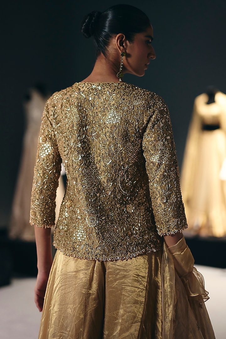 Golden Pure Zari Tissue Organza Bridal Sharara Set by Sana Barreja at Pernia's Pop Up Shop