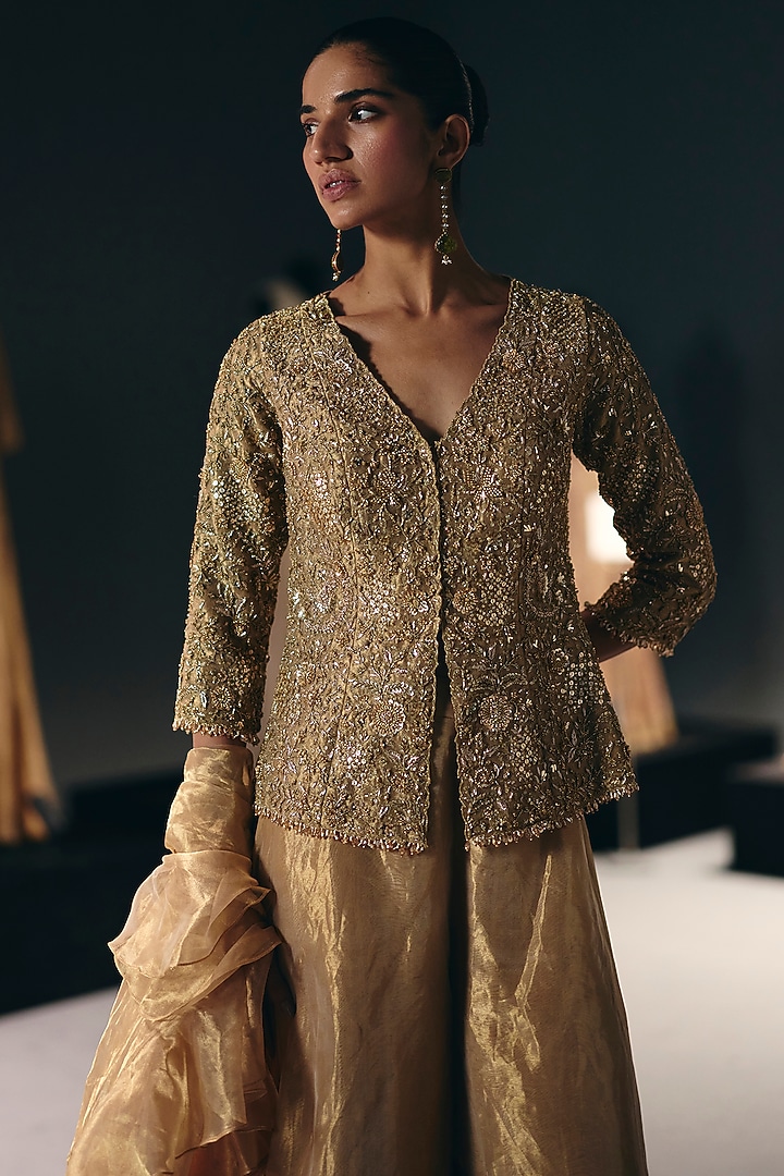 Golden Pure Zari Tissue Organza Bridal Sharara Set by Sana Barreja at Pernia's Pop Up Shop