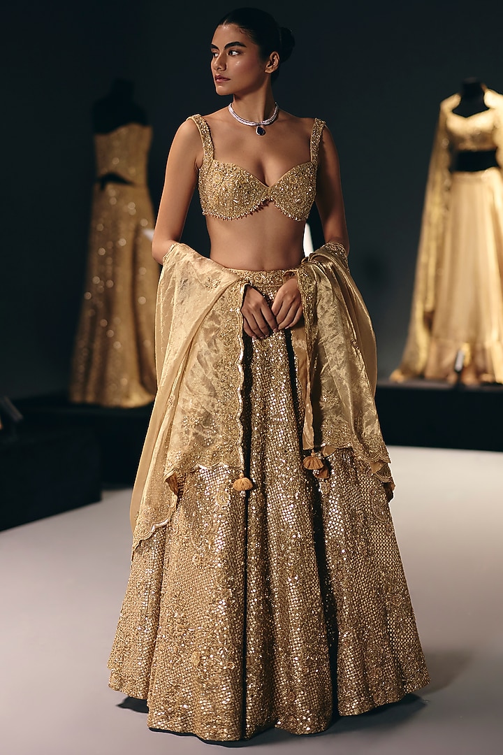 Golden Pure Zari Tissue Organza Bridal Lehenga Set by Sana Barreja at Pernia's Pop Up Shop