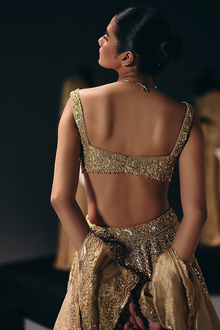 Golden Pure Zari Tissue Organza Bridal Lehenga Set by Sana Barreja at Pernia's Pop Up Shop