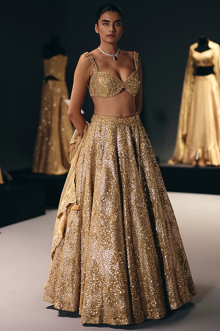 Golden Pure Zari Tissue Organza Bridal Lehenga Set by Sana Barreja at Pernia's Pop Up Shop