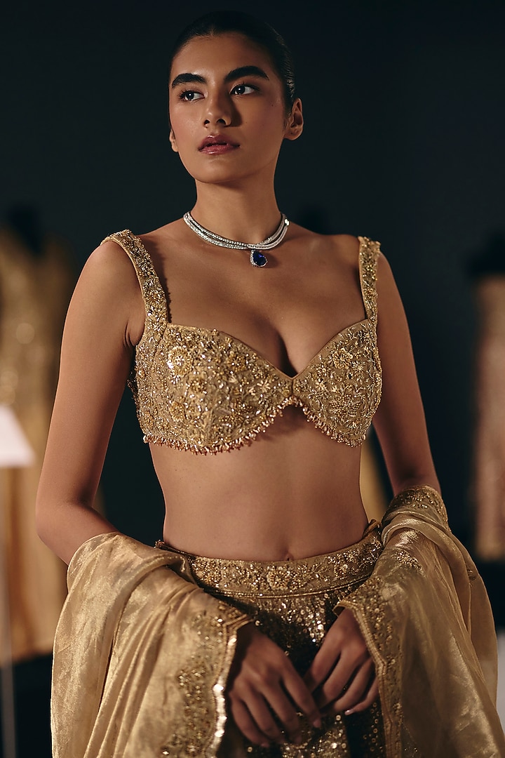 Golden Pure Zari Tissue Organza Bridal Lehenga Set by Sana Barreja at Pernia's Pop Up Shop