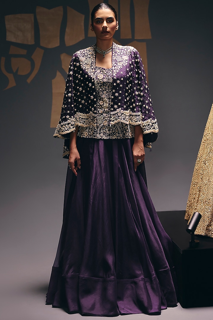 Purple Pure Silk Organza Cutdana Embroidered Cape Set by Sana Barreja at Pernia's Pop Up Shop
