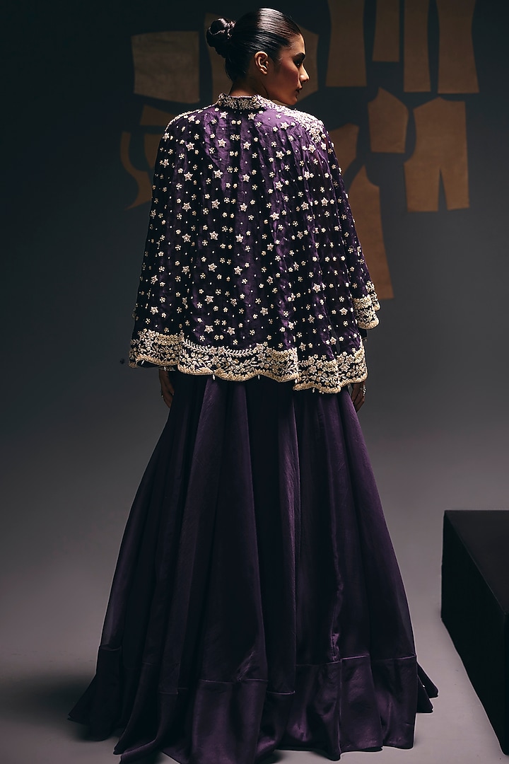 Purple Pure Silk Organza Cutdana Embroidered Cape Set by Sana Barreja at Pernia's Pop Up Shop