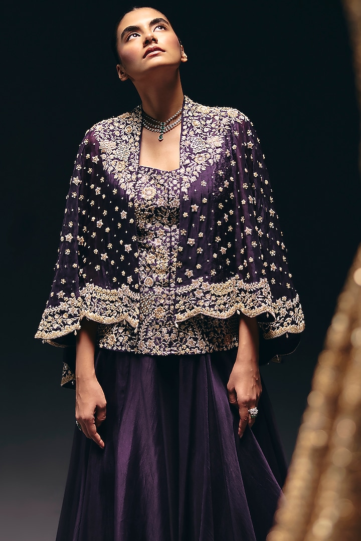 Purple Pure Silk Organza Cutdana Embroidered Cape Set by Sana Barreja at Pernia's Pop Up Shop