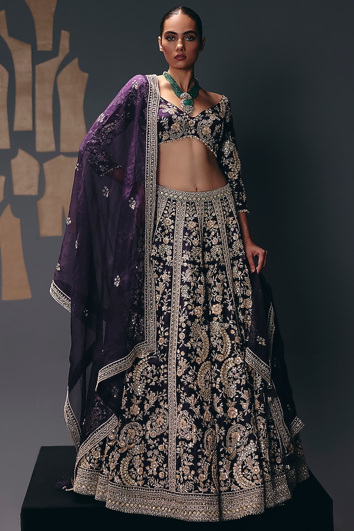 Purple Pure Silk Organza Zardosi Embroidered Bridal Lehenga Set by Sana Barreja at Pernia's Pop Up Shop
