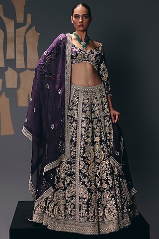 Purple Pure Silk Organza Zardosi Embroidered Lehenga Set by Sana Barreja