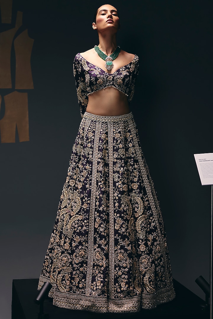 Purple Pure Silk Organza Zardosi Embroidered Bridal Lehenga Set by Sana Barreja at Pernia's Pop Up Shop