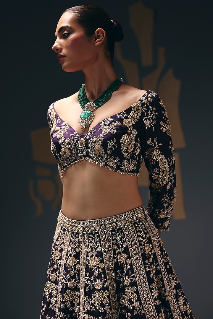 Purple Pure Silk Organza Zardosi Embroidered Bridal Lehenga Set by Sana Barreja at Pernia's Pop Up Shop