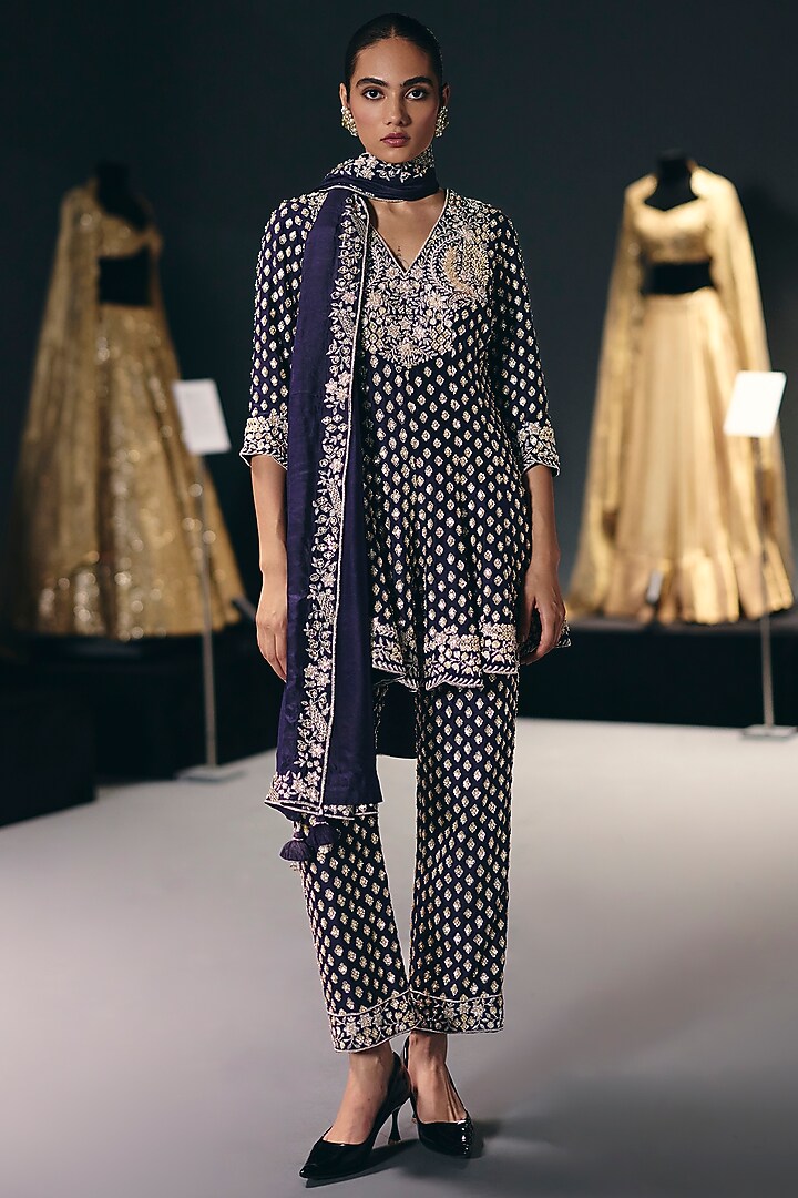 Purple Pure Silk Dupion Zardosi Embroidered Kalidar Kurta Set by Sana Barreja at Pernia's Pop Up Shop