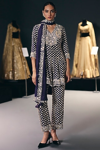 Purple Pure Silk Dupion Zardosi Embroidered Kalidar Kurta Set by Sana Barreja