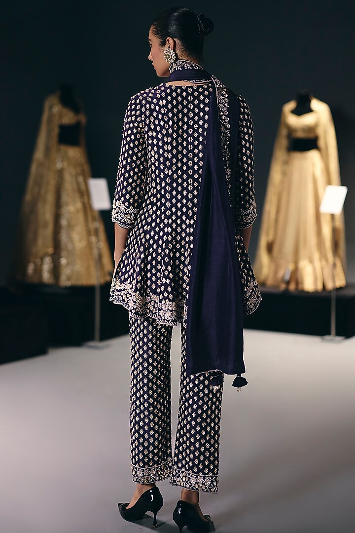 Purple Pure Silk Dupion Zardosi Embroidered Kalidar Kurta Set by Sana Barreja at Pernia's Pop Up Shop