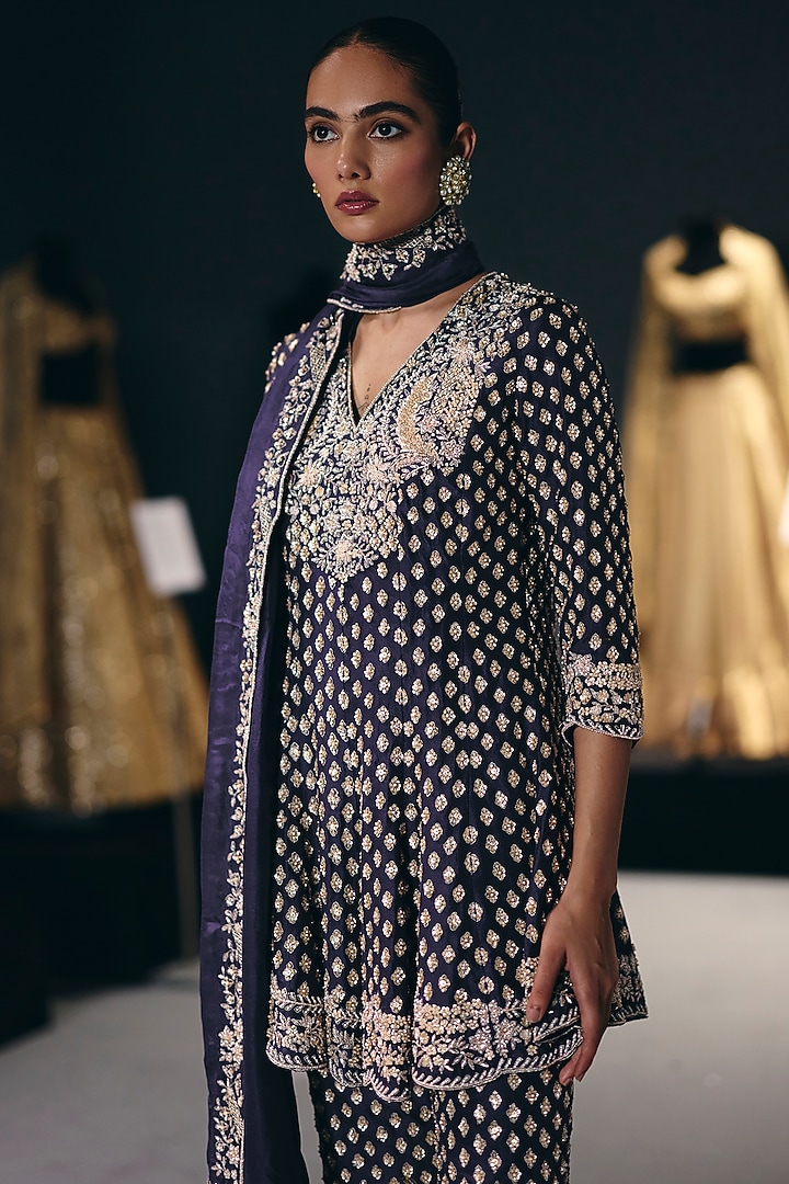 Purple Pure Silk Dupion Zardosi Embroidered Kalidar Kurta Set by Sana Barreja at Pernia's Pop Up Shop
