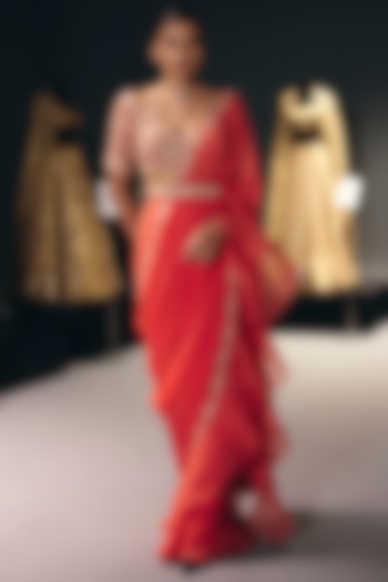 Coral Pure Chiffon Draped Ruffled Set by Sana Barreja at Pernia's Pop Up Shop