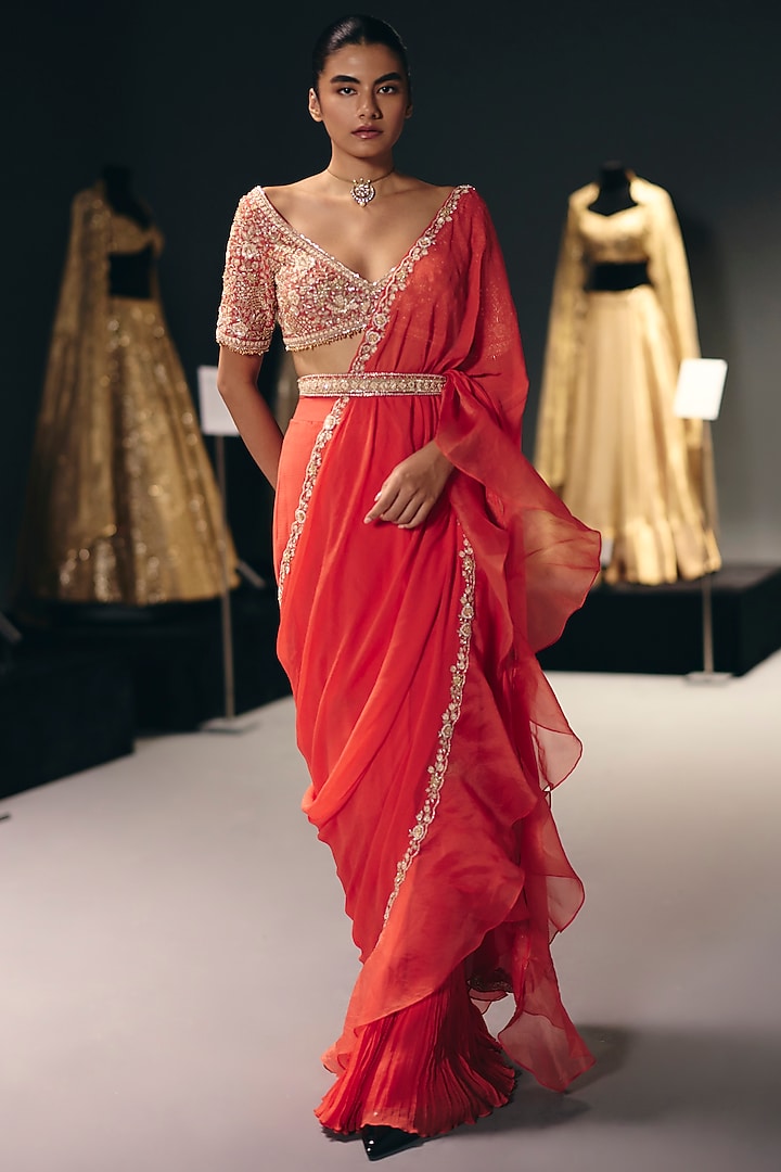 Coral Pure Chiffon Draped Ruffled Set by Sana Barreja at Pernia's Pop Up Shop