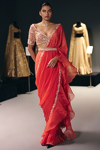 Coral Pure Chiffon Draped Ruffled Set by Sana Barreja
