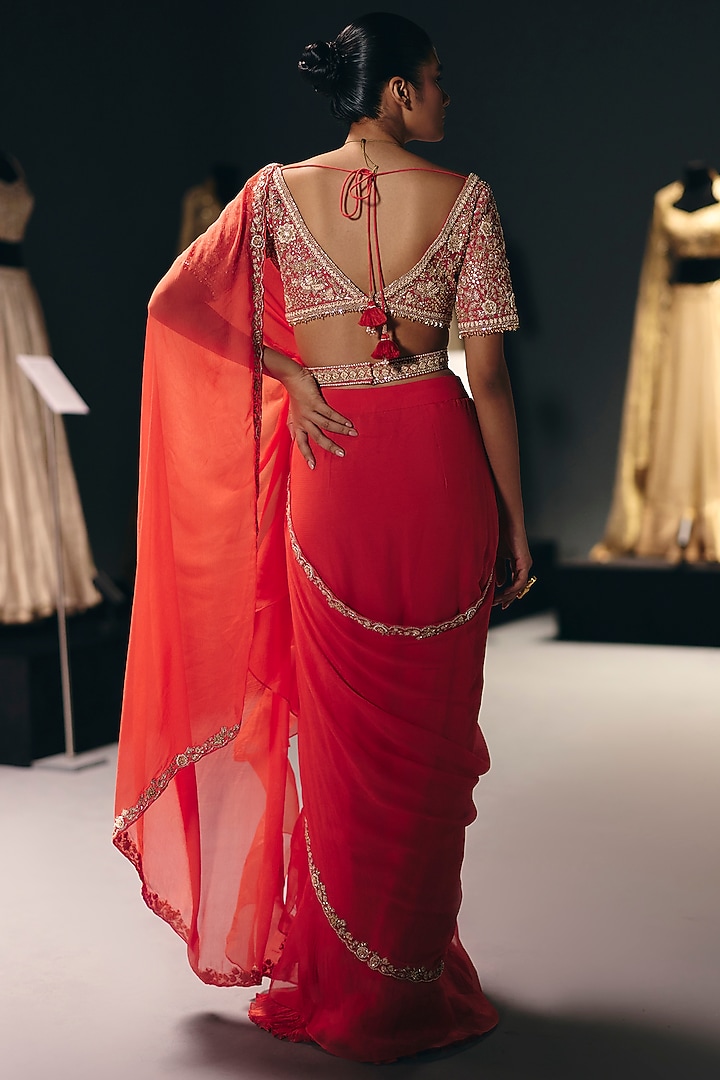 Coral Pure Chiffon Draped Ruffled Set by Sana Barreja at Pernia's Pop Up Shop