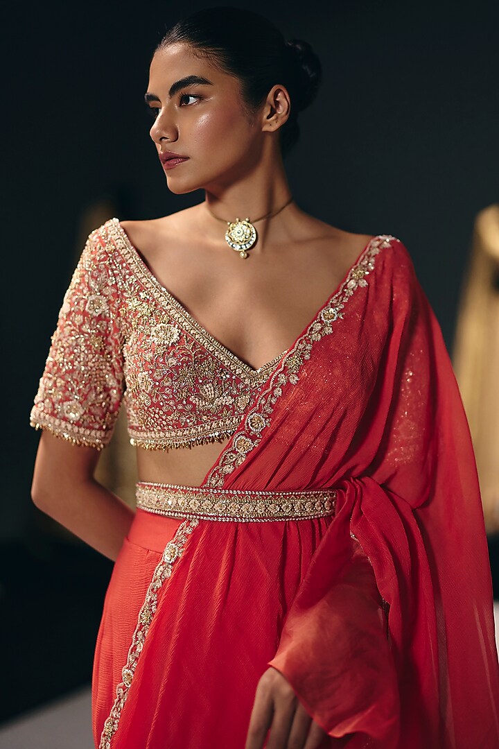 Coral Pure Chiffon Draped Ruffled Set by Sana Barreja at Pernia's Pop Up Shop