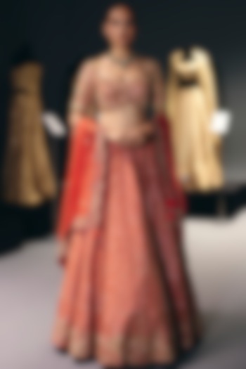 Coral Silk Dupion Zardosi & Sequins Embroidered Bridal Lehenga Set by Sana Barreja at Pernia's Pop Up Shop