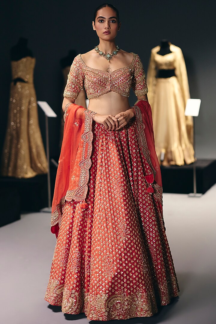 Coral Silk Dupion Zardosi & Sequins Embroidered Bridal Lehenga Set by Sana Barreja at Pernia's Pop Up Shop