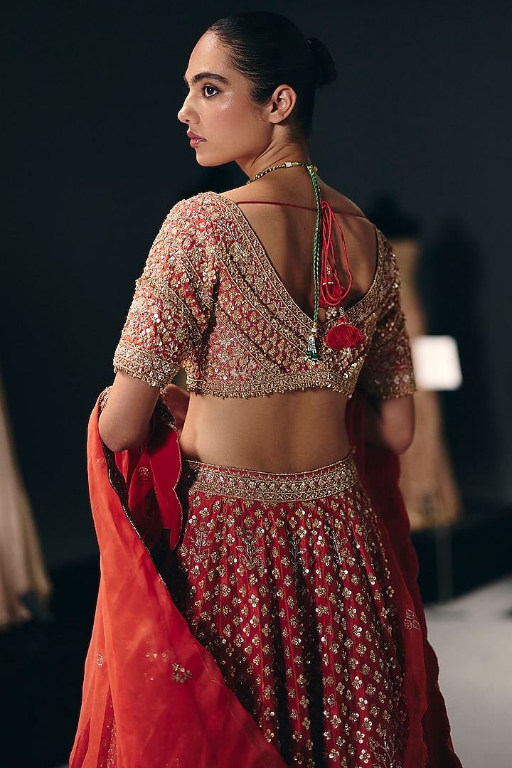 Coral Silk Dupion Zardosi & Sequins Embroidered Bridal Lehenga Set by Sana Barreja at Pernia's Pop Up Shop
