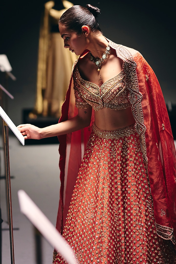 Coral Silk Dupion Zardosi & Sequins Embroidered Bridal Lehenga Set by Sana Barreja at Pernia's Pop Up Shop
