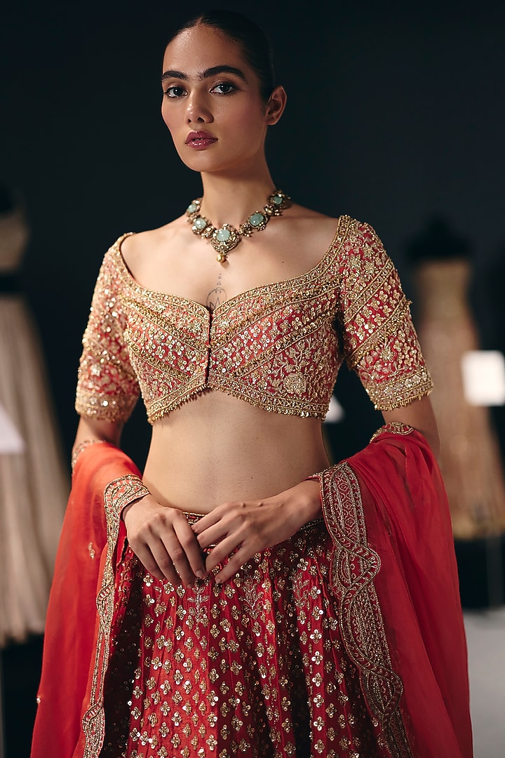 Coral Silk Dupion Zardosi & Sequins Embroidered Bridal Lehenga Set by Sana Barreja at Pernia's Pop Up Shop