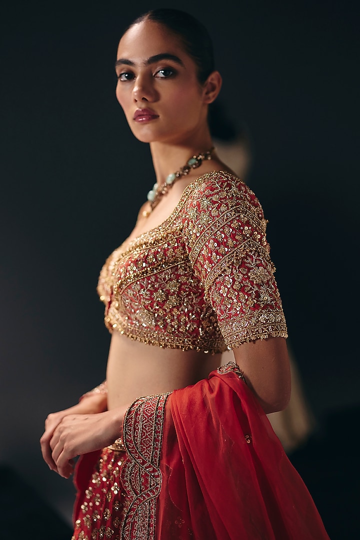 Coral Silk Dupion Zardosi & Sequins Embroidered Bridal Lehenga Set by Sana Barreja at Pernia's Pop Up Shop