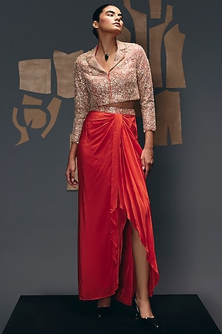 Coral Silk Crepe Draped Skirt Set by Sana Barreja