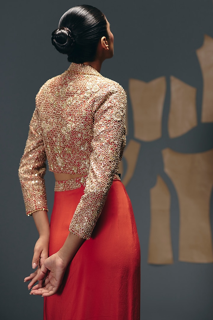 Coral Silk Crepe Draped Skirt Set by Sana Barreja at Pernia's Pop Up Shop
