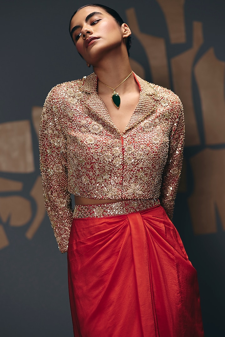 Coral Silk Crepe Draped Skirt Set by Sana Barreja at Pernia's Pop Up Shop