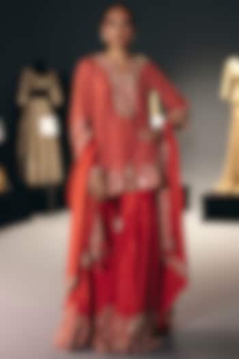 Coral Silk Dupion Sequins Embroidered Gharara Set by Sana Barreja at Pernia's Pop Up Shop