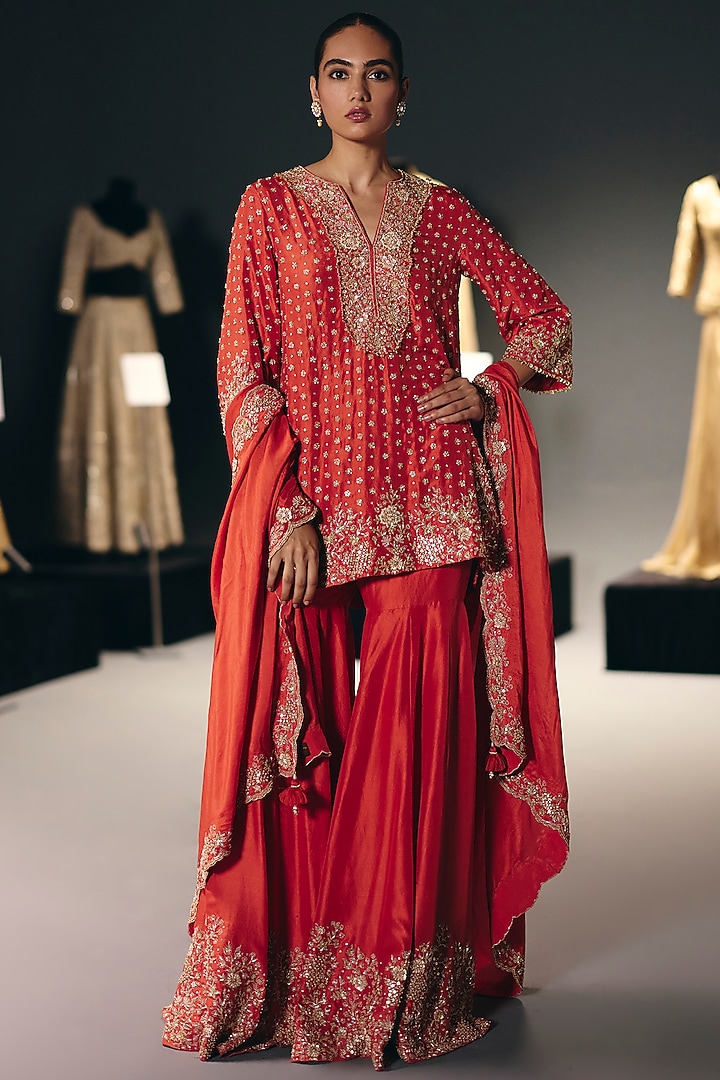 Coral Silk Dupion Sequins Embroidered Gharara Set by Sana Barreja at Pernia's Pop Up Shop